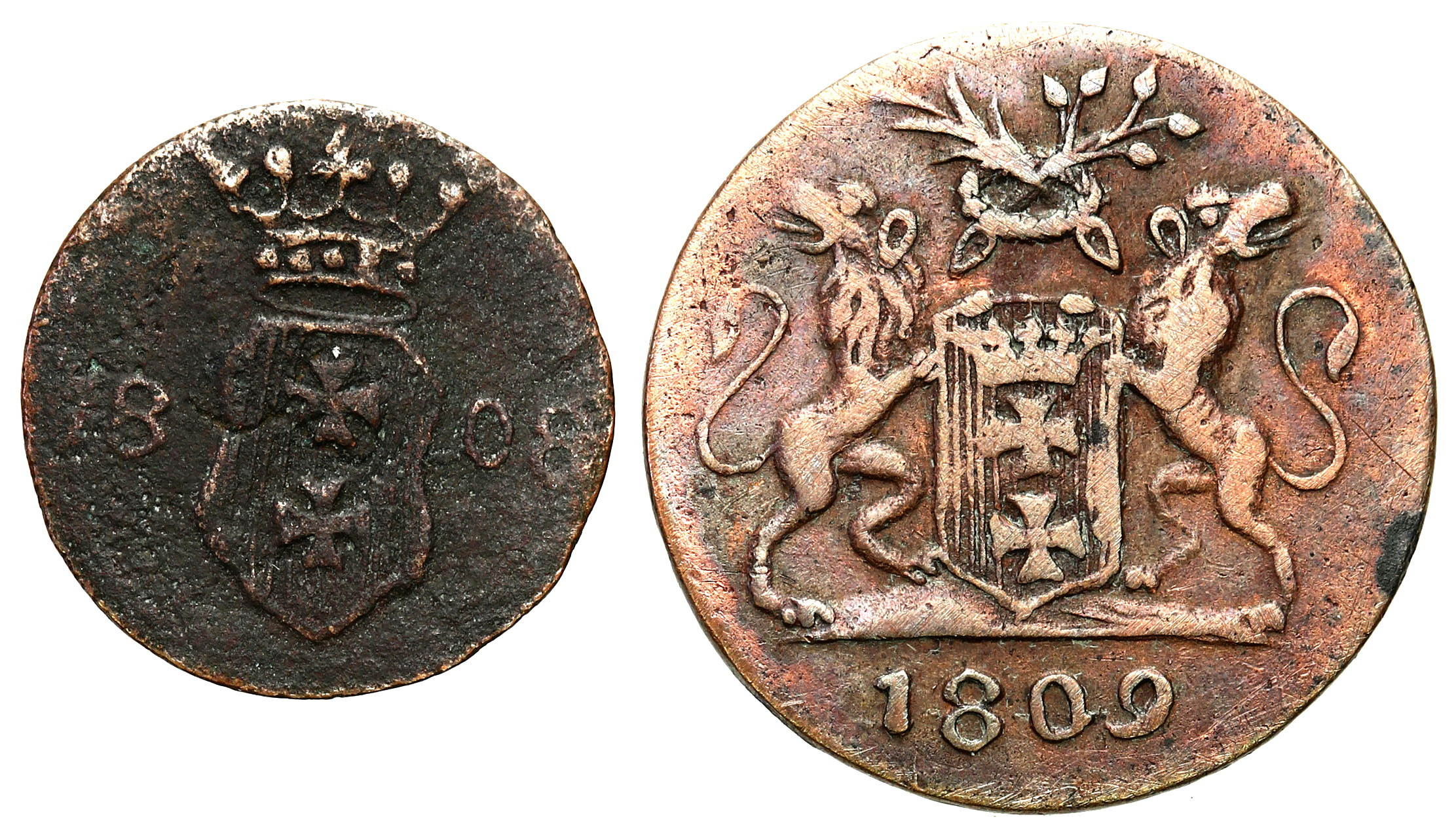 Wolne Miasto Gdańsk/Danzig. Grosz 1809, szeląg 1808, zestaw 2 monet